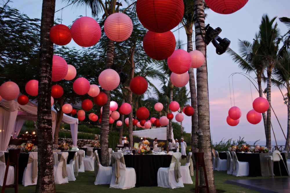 pink and red lanterns decoration destination wedding bali